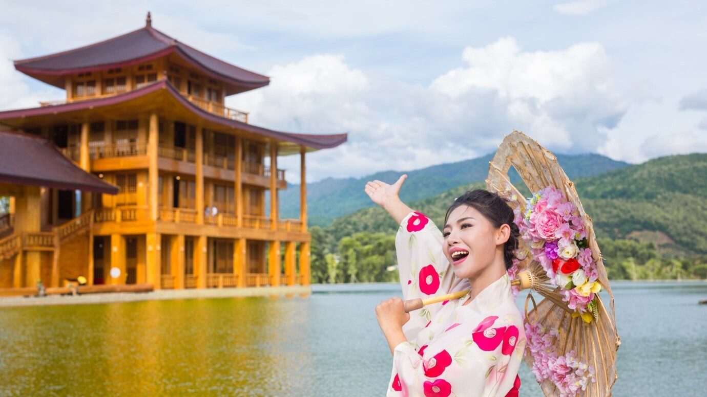 A beautiful Asian woman wearing a Japanese kimono