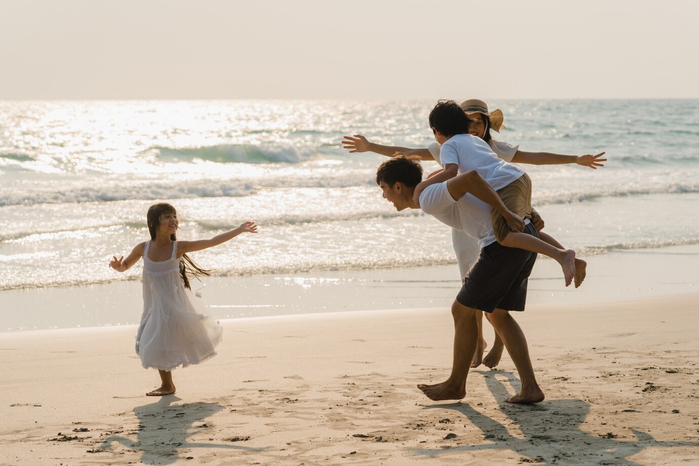 Asian young happy family enjoy vacation