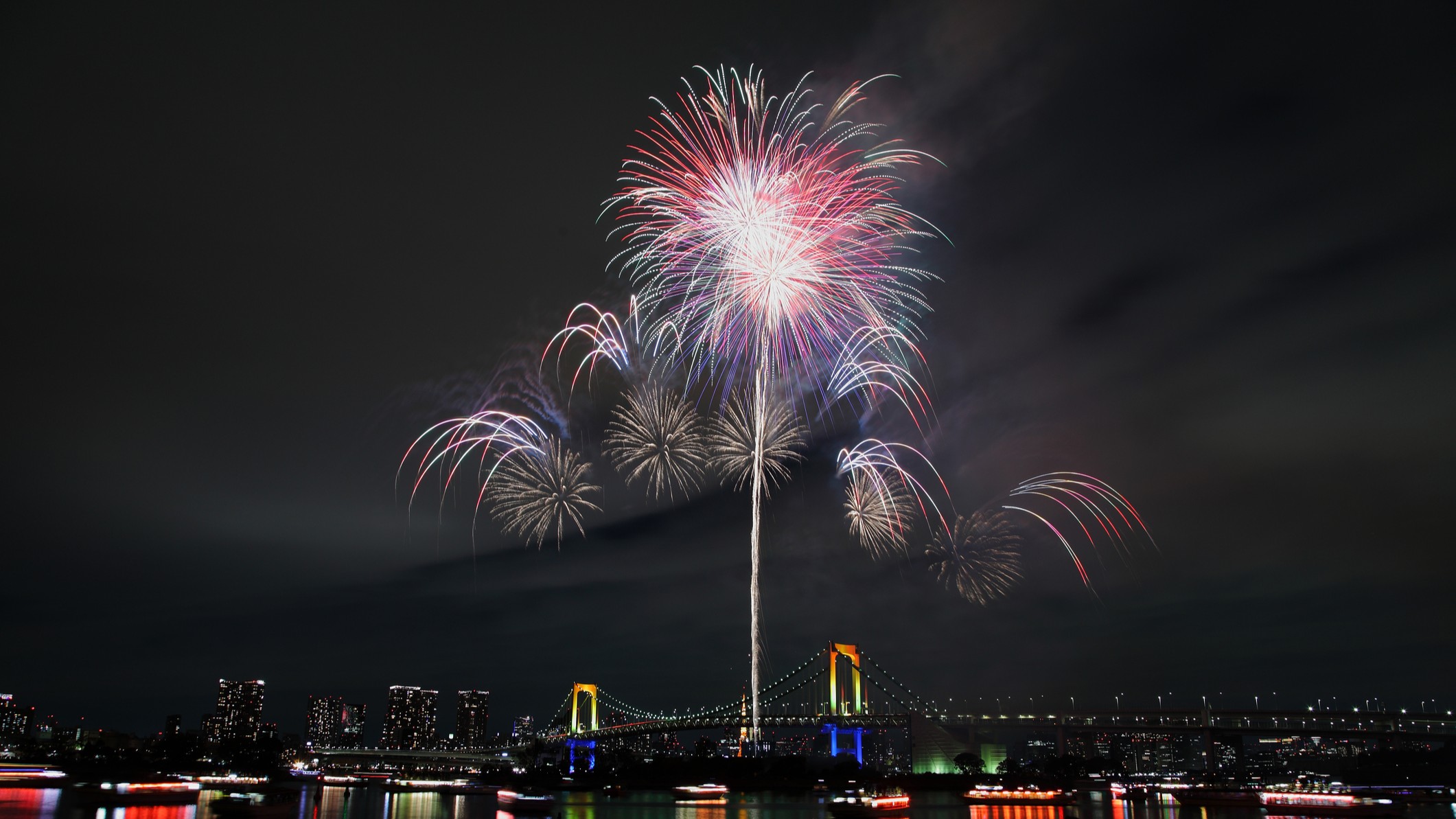 colorful fireworks over Tokyo Bay