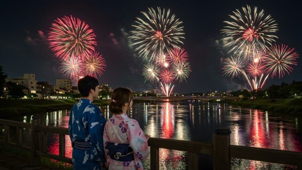 couple wearing yukata by the riverbank during fireworks